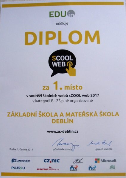 Diplom za 1. místo v soutěži školních webů sCOOL web 2017
