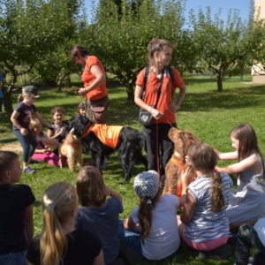 Děti a psi na zahradě ZŠ
